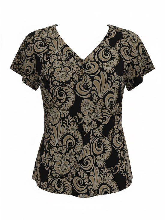 By Design Tops - V-Neck Short Sleeve Blouse in Black with Tan Floral Scroll